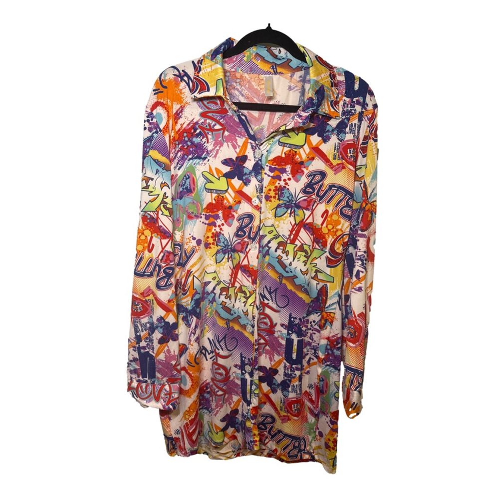 LOVE NATION Size 1XL Tunic Multicolor Graffitti Print Button Sleeves
